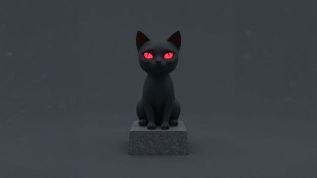 Black cat sculpture with red glowing eyes against dark background