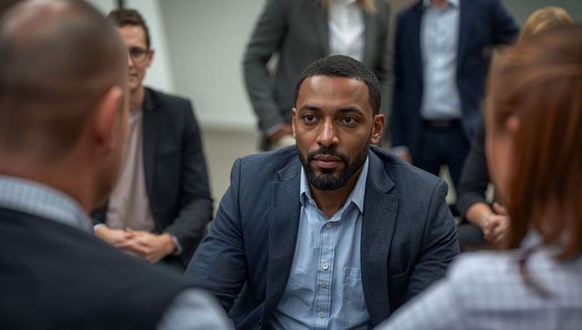 Focused business leader listening during boardroom meeting, professional team discussion