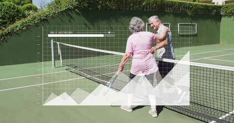 Senior couple playing tennis with data analysis overlay