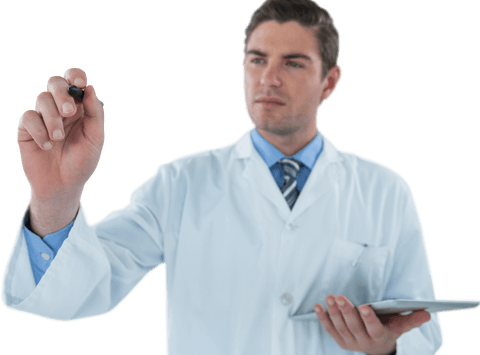 Transparent doctor with tablet using futuristic interface