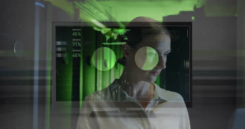 Female IT Technician Analyzing Data in Modern Server Room