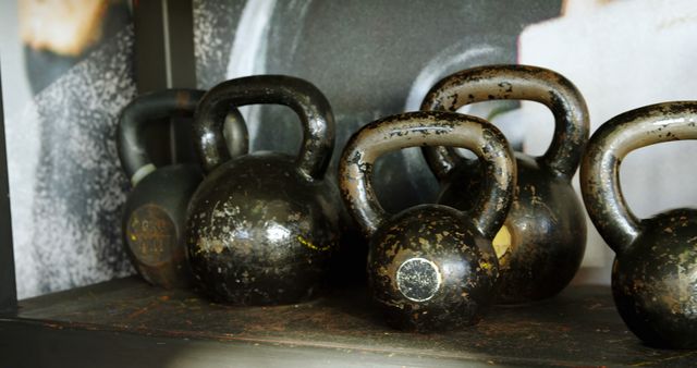 Close-up of kettle bells kept on the shelf in the fitness studio 4k