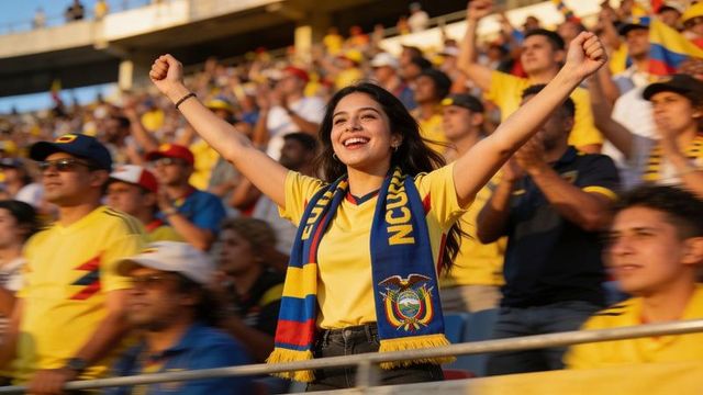 Cheering hispanic woman raising arms wearing national crest scarf in stadium crowd