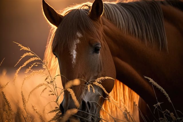 Close up of brown horse standing in field, created using generative ai technology. Nature, horse, animal and wildlife concept digitally generated image.