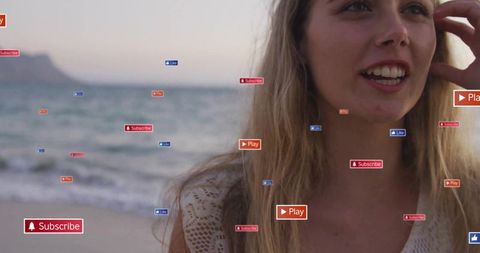 Smiling woman touching hair on beach with social media overlay badges marketing campaign