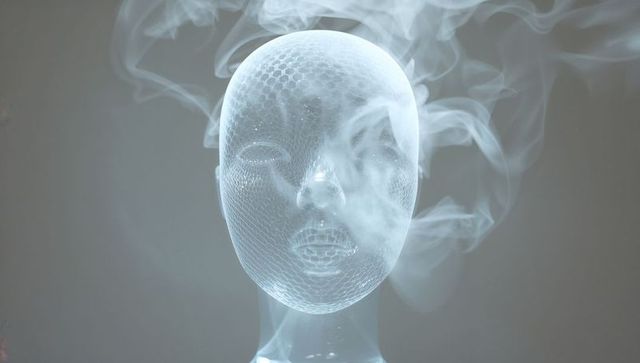 Glowing wireframe head sculpture with hex mesh and swirling smoke, holographic futurism
