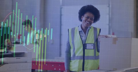 Joyful Warehouse Worker Amidst Digital Data Animation