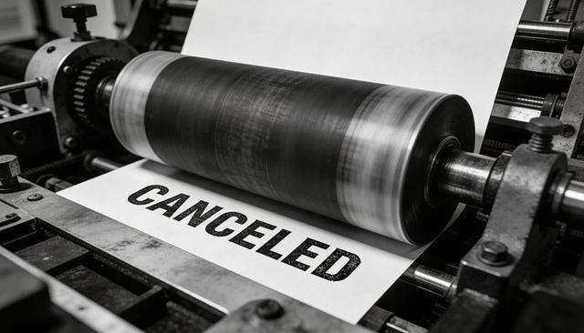 Rotary press printing canceled stamp on paper sheet in industrial machine