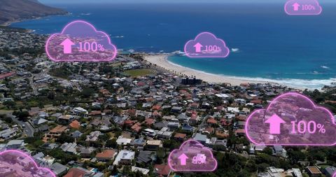 Cloud computing concept over aerial coastal townscape