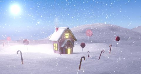 Whimsical Gingerbread House Surrounded by Candy Canes in Snowy Wonderland