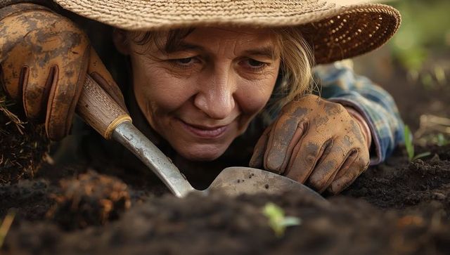 Female Horticulturist Nurturing Seedling in Garden Soil