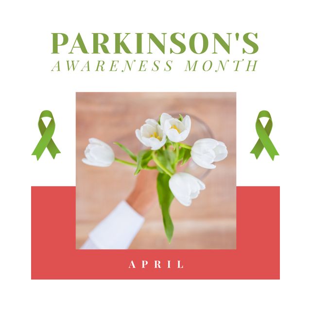 Perfect for creating awareness about Parkinson's Disease in April. Suitable for use in social media posts, healthcare campaign posters, charity event promotions, and educational materials. Minimalistic design featuring green ribbons and a bouquet of white tulips signifies purity and hope.