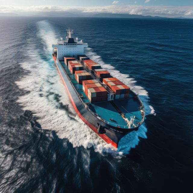 Cargo ship sailing in calm sea waters, created using generative ai technology. Sea transport, cargo and shipping concept digitally generated image.
