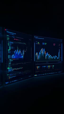 Panning Triple Monitors Revealing Live Market Spikes, Code, and Data Visualizations on Dark Desk