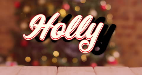 Festive Holly Text Animation Over Christmas Tree Background