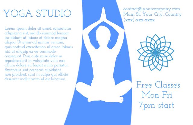 This flyer features a serene design ideal for promoting yoga studio classes and fitness retreats. The calm blue theme and tranquil silhouette create a relaxation-inducing appeal, perfect for advertising free classes, meditation sessions, or general wellness and mindfulness programs. The lotus flower adds a touch of spiritual elegance, making it suitable for holistic health and spiritual participation advertisements.