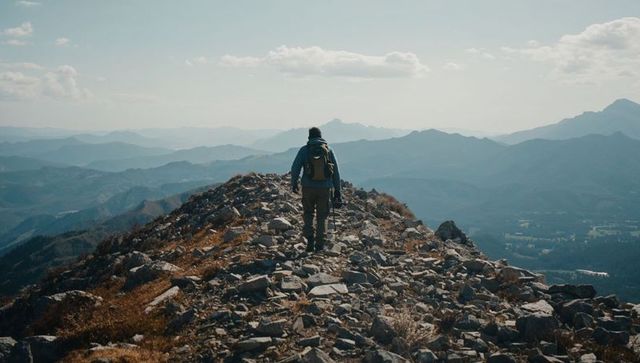 Solo hiker trekking alpine ridge wearing backpack and beanie holding trekking pole
