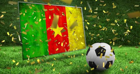 Cameroon Flag Celebrated with Soccer Ball and Golden Confetti