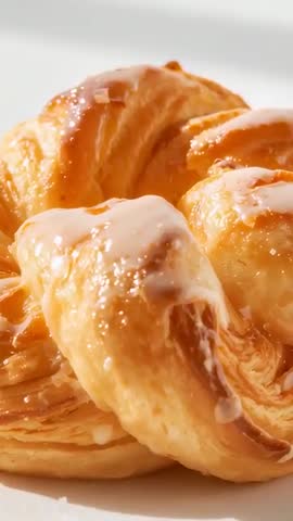 Vertical croissant macro video glistening under shifting light with moving syrup droplet