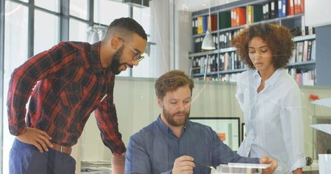 Business Team Discussing Project with Data Illustrations Overlay