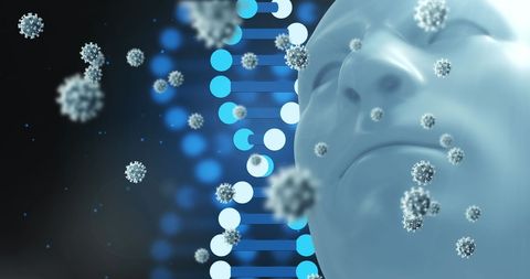 Abstract 3D Concept Showing DNA and Virus Particles with Human Face