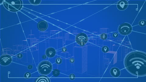 Digital Network Overlay on Urban Cityscape Blueprint