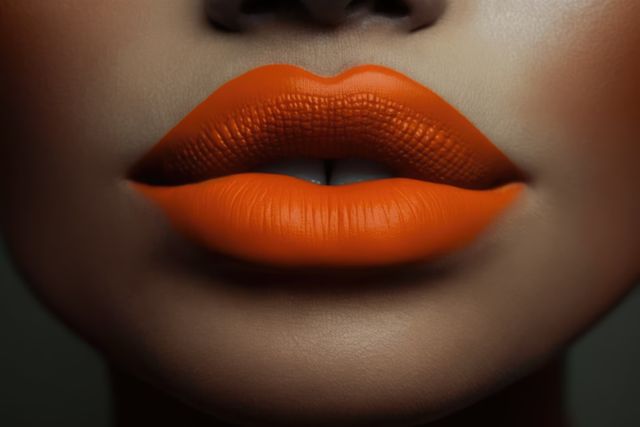 Close-up of a woman's lips wearing bright orange lipstick. Ideal for use in beauty and cosmetics advertising, makeup tutorials, fashion campaigns, and skincare promotions. The vibrant orange color exudes confidence and boldness, perfect for editorial and lifestyle content.