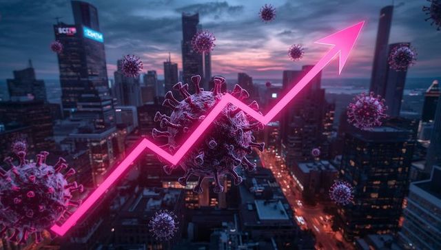 Virus growth trend over futuristic cityscape