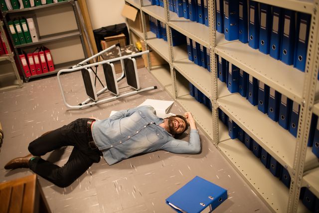 Businessman lying on floor in storage room with scattered files and overturned chair. Ideal for illustrating workplace safety, office accidents, emergency response, and organizational challenges.