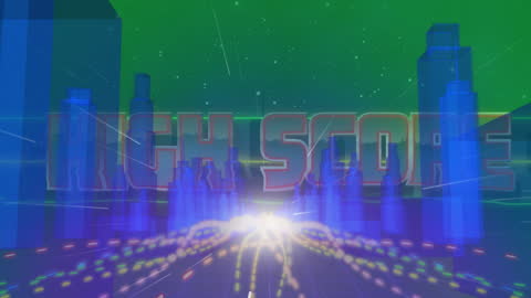 Futuristic Cityscape with High Score Animation Overlay