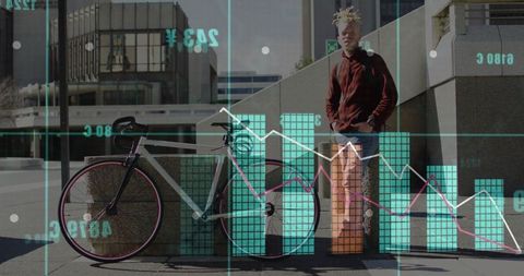 Young Professional with Bicycle Amid Digital Data Overlay