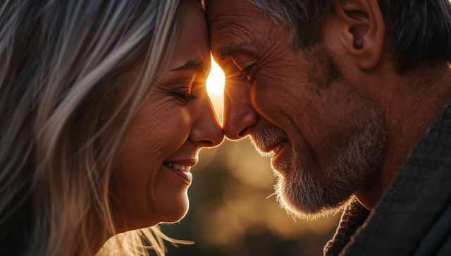 Mature couple sharing tender forehead-to-forehead embrace during warm golden hour light