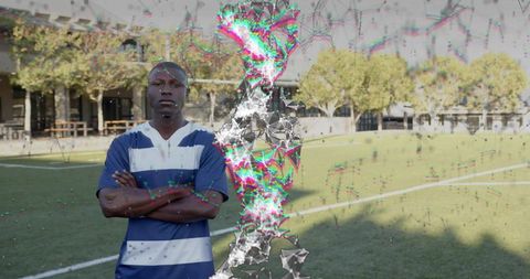 Confident Athlete Standing on Campus Field with Futuristic Digital Glitch Overlay