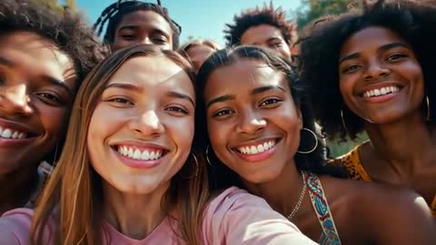 Smiling diverse friends leaning in for close-up smartphone selfie at sunny park video