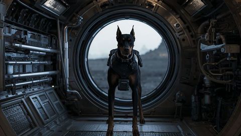 Doberman guarding spacecraft airlock in futuristic interior wearing tactical sensor harness