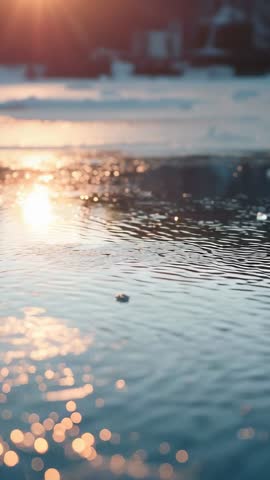 Vertical video of fragment drifting and creating ripples on river at golden hour