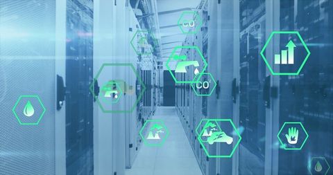 futuristic server room displaying digital sustainability icons - Download Free Stock Images Pikwizard.com