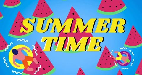 Summer time pop art banner featuring watermelon slices and floating swimmers on rings