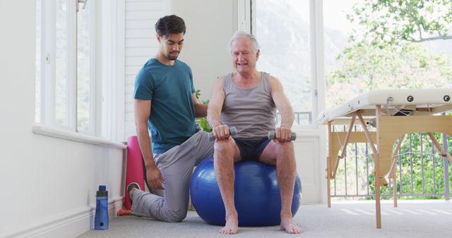 Physical Therapist Assisting Senior Man with Exercise Ball Workout - Download Free Stock Images Pikwizard.com