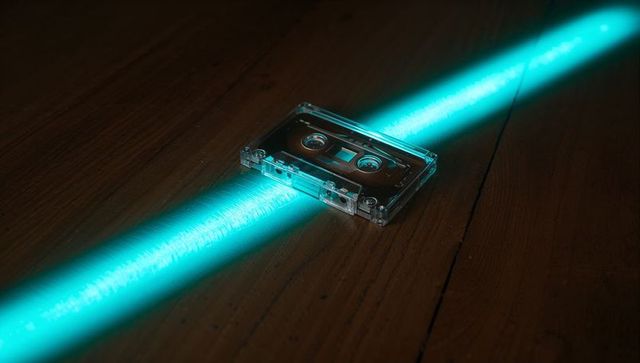 Transparent cassette tape on cyan neon beam crossing wooden table, retro moody vibe