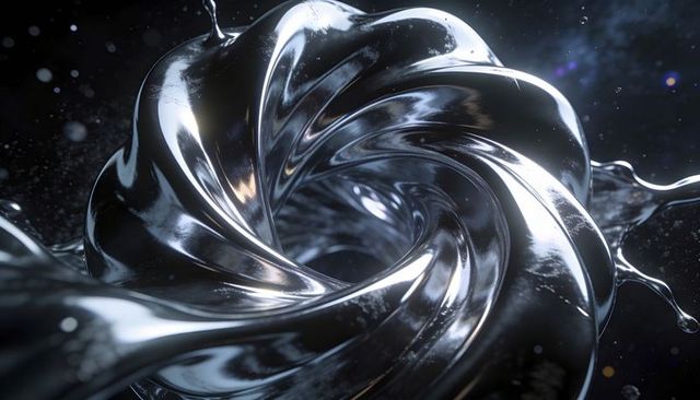 Rotating chrome torus vortex shedding liquid metal droplets and shimmering metallic swirl