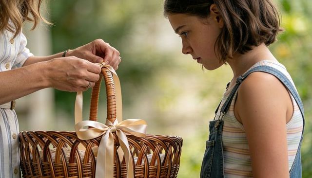 Parent tying satin ribbon on wicker basket while girl in overalls watches in garden