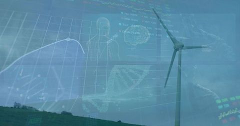 Wind Turbine Overlaying Data Visualization Showing DNA Helix, Brain Map, Sustainability