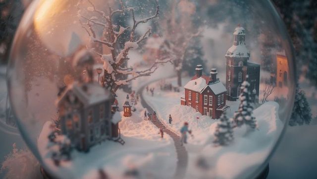 Whimsical snow globe encapsulating winter village charm