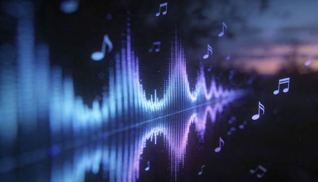 Pulsing Neon Stereo Waveform Visualizer with Mirrored Audio Bars and Floating Music Notes