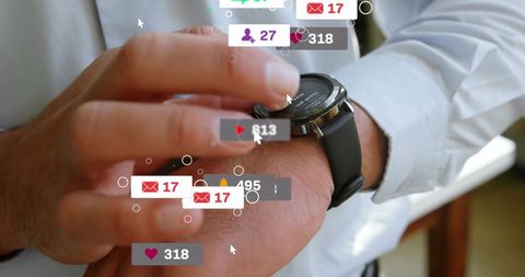 Man Engaging with Smartwatch and Virtual Social Media Icons - Download Free Stock Images Pikwizard.com