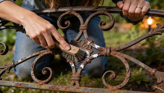 Kneeling in garden scrubbing rusted wrought iron gate with wire brush