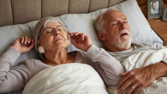 Senior woman wearing earmuffs with sleeping partner in bed