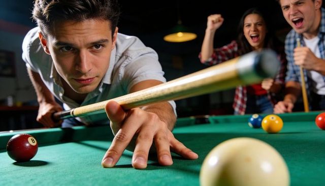 Aiming man lining up precision pool shot on green felt table with focused cue