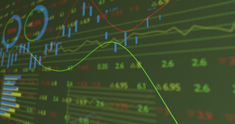 Animated Financial Data and Graphs on Digital Green Background